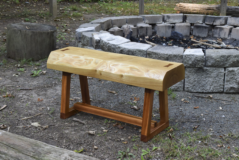 natural edge catalpa bench with african mahogany base