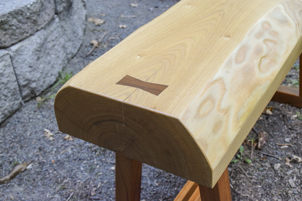 natural edge catalpa bench with african mahogany base