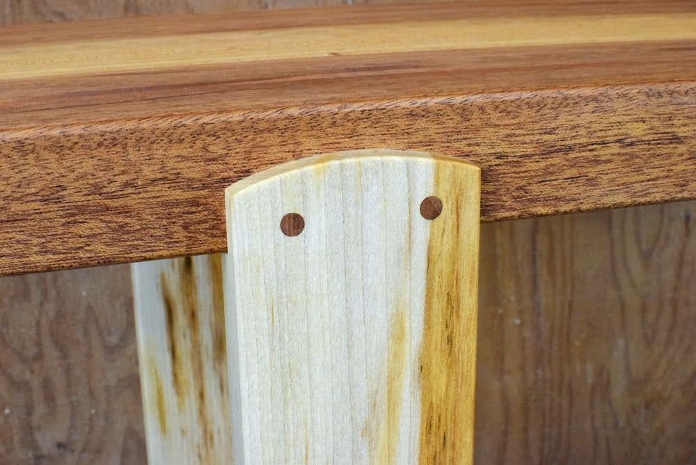 Mahogany and Maple Console Table leg arc and doweling detail