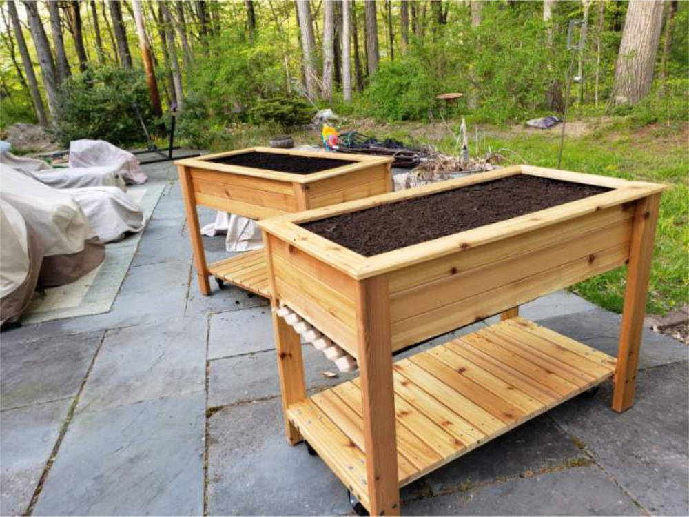 custom furniture. pair of mobile cedar planters with lower shelf