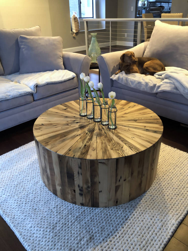 custom furniture. cylinder-shaped coffee table made of reclaimed rustic hemlock