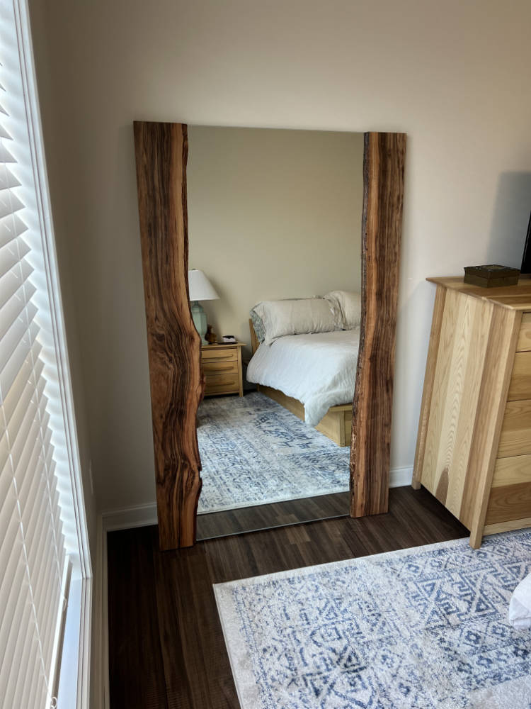 custom home decor. live edge Patagonian rosewood floor standing mirror