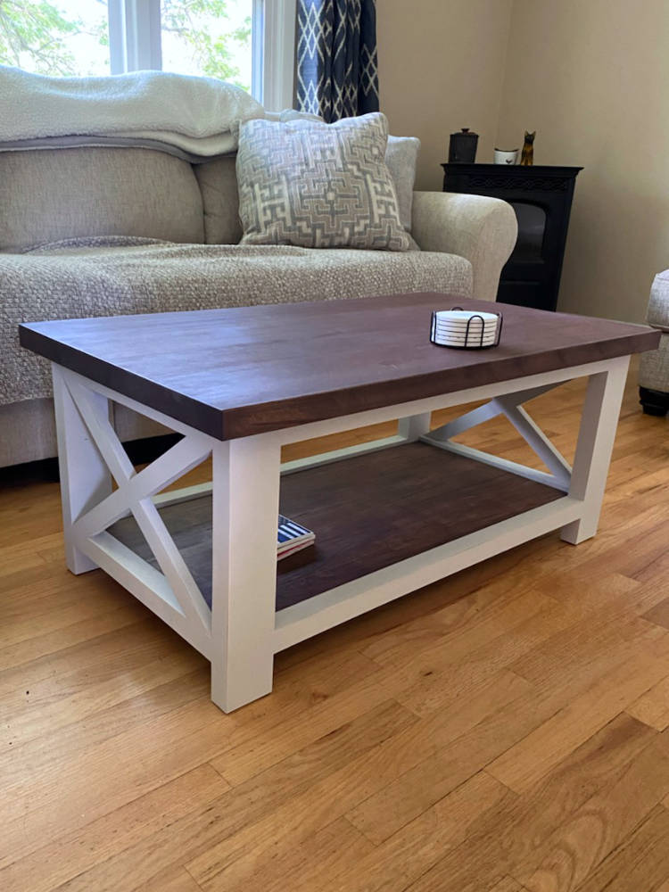 custom furniture. white farmhouse X coffee table with brown top