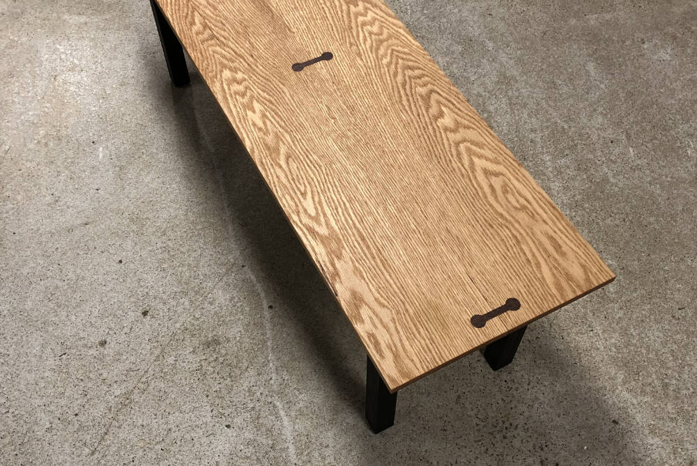 Top view of the repurposed oak chamfer coffee table shows the pattern of the wood grain