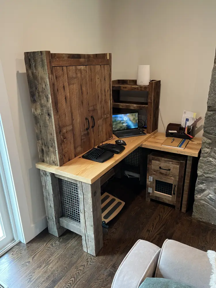 custom furniture. rustic wood L-shaped desk, shelving, and cabinet in reclaimed raw barn wood