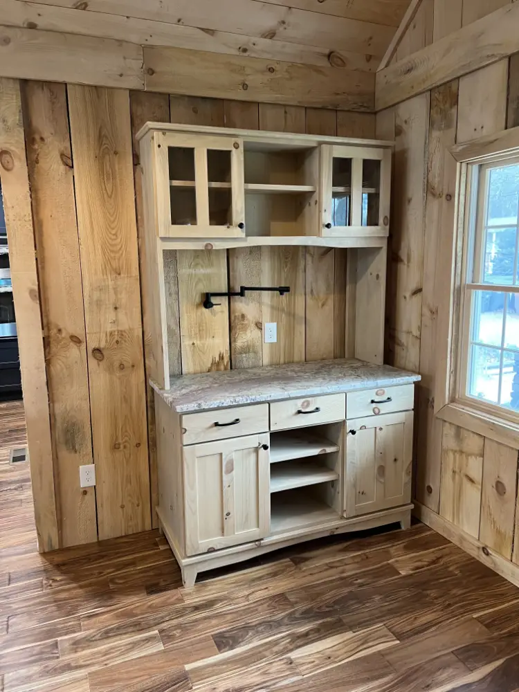 custom furniture. rustic pine hutch with glass doors in a light grey stain